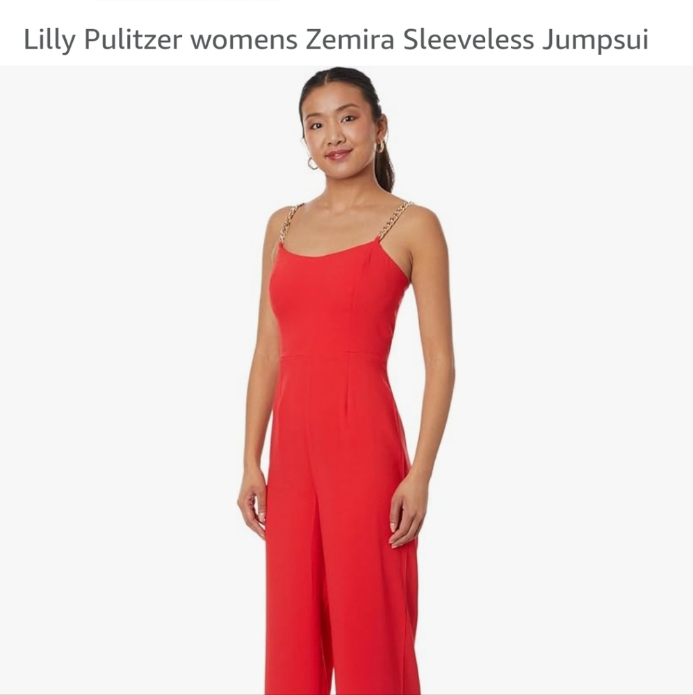 Elegant Red Jumpsuit, Gold Chain Straps